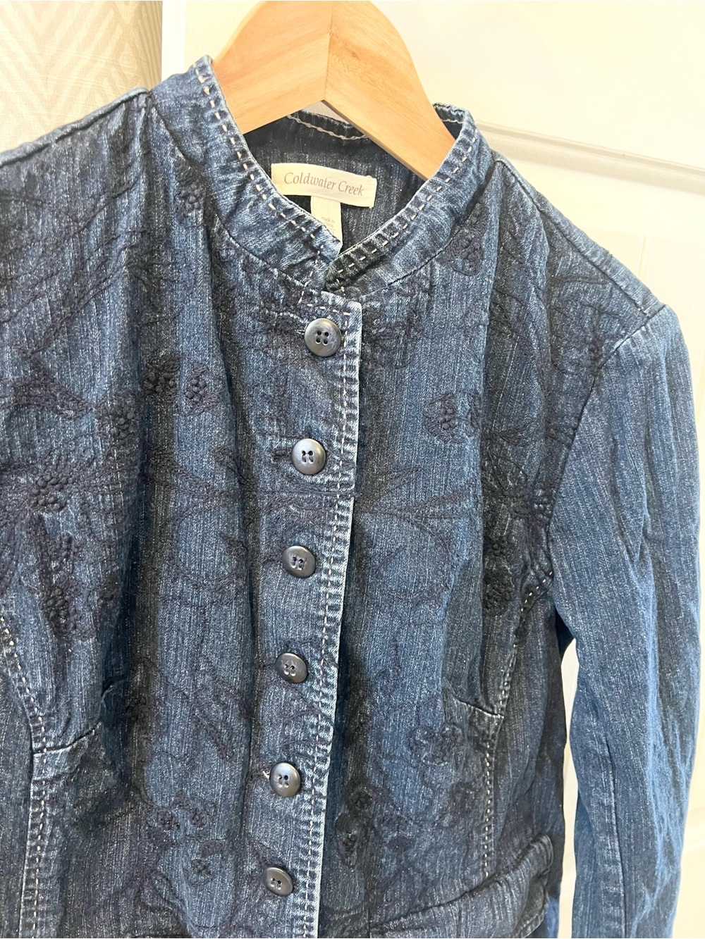 Coldwater Creek Blue Embroidered Band-Collar Denim Jacket Small - Picture 3 of 5